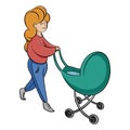 Woman walking with a baby in a stroller. young mother with a child.